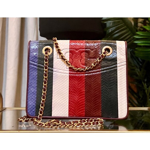 RARE!! Tory Burch Multi-Color Striped Fleming Python Chain Strap Shoulder Bag - Picture 3 of 11